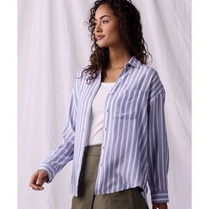 The Normal Brand Freshwater Overshirt Women Medium Blue White Stripe Linen Blend